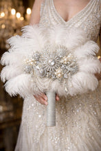 Load image into Gallery viewer, Art Deco Feather Bridal Bouquet | 1920s Gatsby Rhinestone wedding Fan