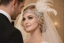 Load image into Gallery viewer, Crystal Feather Headband headpiece, Gatsby Headband Wedding flapper headband 1920s Bridal rhinestone fascinator, headdress