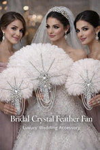 Load image into Gallery viewer, White Ostrich Feather Bridal Fan, Rhinestone Wedding Bouquet, 1920s Style