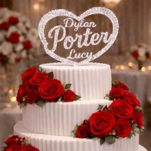 Load image into Gallery viewer, Wedding Cake topper + Two first names. Custom Crystal Monogram Rhinestone heart cake topper bling cake topper Personalised Letter, 6 inch