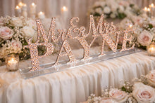 Load image into Gallery viewer, Mr & Mrs PLUS last name Surname 5 LETTERS standing wedding sign, bling name sign, rhinestone Top table table sign