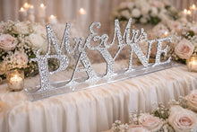 Load image into Gallery viewer, Mr & Mrs PLUS last name Surname 5 LETTERS standing wedding sign, bling name sign, rhinestone Top table table sign
