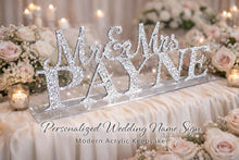 Load image into Gallery viewer, Mr & Mrs PLUS last name Surname 8 LETTERS standing wedding sign, bling name sign, rhinestone Swarovski Crystal Top table table sign