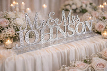Load image into Gallery viewer, Mr & Mrs PLUS last name Surname 7 LETTERS standing wedding sign Swarovski Crystal bling name sign, rhinestone Top table table sign