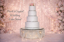 Load image into Gallery viewer, Pearl & Crystal Wedding Cake Stand: Rhinestone Drape, Mirror Top