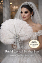 Load image into Gallery viewer, White Ostrich Feather Bridal Fan, Rhinestone Wedding Bouquet, 1920s Style