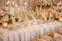 Load image into Gallery viewer, Mr & Mrs PLUS last name Surname 6 LETTERS standing wedding sign, bling name sign, Swarovski Crystal Rhinestone Top table table sign