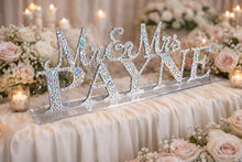 Load image into Gallery viewer, Mr & Mrs PLUS last name Surname 7 LETTERS standing wedding sign Swarovski Crystal bling name sign, rhinestone Top table table sign