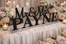 Load image into Gallery viewer, Mr & Mrs PLUS last name Surname 7 LETTERS standing wedding sign Swarovski Crystal bling name sign, rhinestone Top table table sign