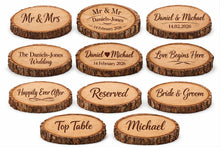 Load image into Gallery viewer, Personalized Engraved Wooden Log Slice, Wedding, Anniversary, New home Plaque , Rustic wedding gift, House Warming Present