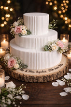 Load image into Gallery viewer, Personalized Wood Slice Cake Stand, Engraved Rustic Wedding Display stand, Personalised Engraved log Slice, Engagement Dessert Display Board