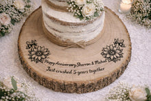 Load image into Gallery viewer, Personalized Wood Slice Cake Stand, Engraved Rustic Wedding stand, Personalised log Engagment Display Board with Sunflowers & Bees