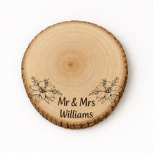 Load image into Gallery viewer, Personalized Wood Slice Cake Stand, Engraved Rustic Wedding Engagment Display stand, Personalised Engraved log Slice with Lillies