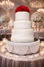 Load image into Gallery viewer, White Pearl Crystal Drape Wedding Cake Stand - Vintage Inspired cake stand White