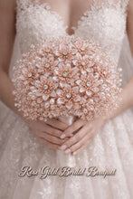 Load image into Gallery viewer, Rose Gold Crystal Bridal Bouquet, Luxury Wedding Bouquet, Metallic Bridal Flowers, Rhinestone Pearl Wedding Bouquet, Glam Bride Accessories