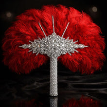 Load image into Gallery viewer, Ostrich Feather Fan Bouquet , Rhinestone Crystal Handle, 1920s Wedding bouquet, Jewel hand fanfor bride