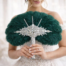 Load image into Gallery viewer, Ostrich Feather Fan Bouquet , Rhinestone Crystal Handle, 1920s Wedding bouquet, Jewel hand fanfor bride