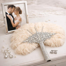 Load image into Gallery viewer, Ostrich Feather Fan Bouquet , Rhinestone Crystal Handle, 1920s Wedding bouquet, Jewel hand fanfor bride