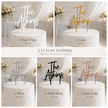 Load image into Gallery viewer, Personalised Cake Topper, Custom Surname Topper, Rustic Wood Last Name topper, Wooden Cake Decoration, Bride and Groom Cake Topper