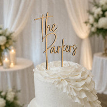 Load image into Gallery viewer, Personalised Cake Topper, Custom Surname Topper, Rustic Wood Last Name topper, Wooden Cake Decoration, Bride and Groom Cake Topper