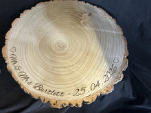 Load image into Gallery viewer, Rustic Personalised Log Slice, Wedding Cake Stand, Engraved Wood Wedding Cake Board Engagement Dessert Board