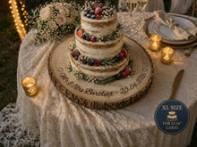 Load image into Gallery viewer, Personalized log Slice Cake Stand, Engraved Rustic wooden Wedding Display stand, Personalised Engraved log Slice, Engagement Dessert Board