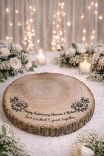 Load image into Gallery viewer, Personalized Wood Slice Cake Stand, Engraved Rustic Wedding stand, Personalised log Engagment Display Board with Sunflowers & Bees