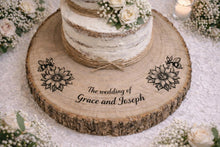 Load image into Gallery viewer, Personalized Wood Slice Cake Stand, Engraved Rustic Wedding stand, Personalised log Engagment Display Board with Sunflowers & Bees
