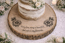 Load image into Gallery viewer, Personalized Wood Slice Cake Stand, Engraved Rustic Wedding stand, Personalised log Engagment Display Board with Sunflowers & Bees