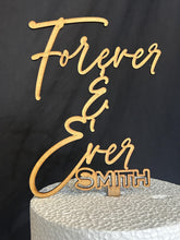 Load image into Gallery viewer, Rustic Cake Stand & Topper Set, Boho Wedding, Wooden topper and Wood Slice Custom Last name Personalised Surname