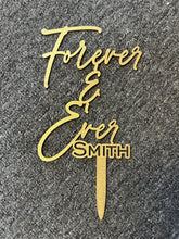 Load image into Gallery viewer, Rustic Cake Stand & Topper Set, Boho Wedding, Wooden topper and Wood Slice Custom Last name Personalised Surname