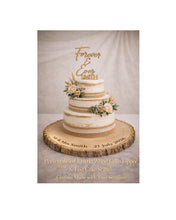 Load image into Gallery viewer, Rustic Cake Stand & Topper Set, Boho Wedding, Wooden topper and Wood Slice Custom Last name Personalised Surname