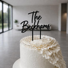 Load image into Gallery viewer, Personalised Cake Topper, Custom Surname Topper, Rustic Wood Last Name topper, Wooden Cake Decoration, Bride and Groom Cake Topper