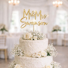 Load image into Gallery viewer, Gold Wedding cake topper, Personalized cake topper, Rustic wedding cake topper, Custom Mr Mrs topper, Anniversary Cake toppers, Wood topper