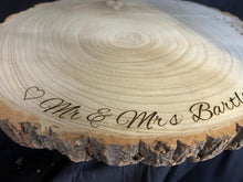 Load image into Gallery viewer, Personalized log Slice Cake Stand, Engraved Rustic wooden Wedding Display stand, Personalised Engraved log Slice, Engagement Dessert Board