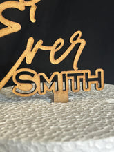 Load image into Gallery viewer, Rustic Cake Stand & Topper Set, Boho Wedding, Wooden topper and Wood Slice Custom Last name Personalised Surname
