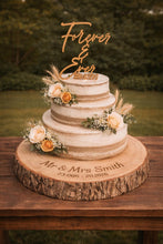 Load image into Gallery viewer, Rustic Cake Stand & Topper Set, Boho Wedding, Wooden topper and Wood Slice Custom Last name Personalised Surname