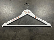 Load image into Gallery viewer, Personalised Wedding Hanger, Bride Hanger, Engraved Wooden Hanger, Bridesmaid Gift, Custom Wedding Dress Hanger, Name Role Date with hearts