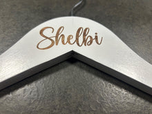 Load image into Gallery viewer, Personalised Wedding Hanger, Bride Hanger, Engraved Wooden Hanger, Bridesmaid Gift, Custom Wedding Dress Hanger, Name Role Date with hearts