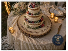 Load image into Gallery viewer, Rustic Personalised Log Slice, Wedding Cake Stand, Engraved Wood Wedding Cake Board Engagement Dessert Board
