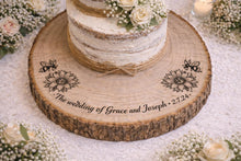 Load image into Gallery viewer, Personalized Wood Slice Cake Stand, Engraved Rustic Wedding stand, Personalised log Engagment Display Board with Sunflowers & Bees