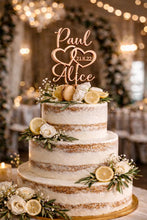 Load image into Gallery viewer, Personalized Wedding Cake Topper with date , Couples names Cake Toppers for Wedding, Rustic Wedding Cake Topper, Custom Wedding Cake Topper