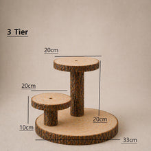Load image into Gallery viewer, Personalized Log Slice Cake Stand, Stepped 3,4,or 5 Tier Engraved Rustic Wedding stand, Personalised wooden cupcake Dessert Display