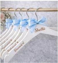 Load image into Gallery viewer, Personalised Wedding Hanger, Bride Hanger, Engraved Wooden Hanger, Bridesmaid Gift, Custom Wedding Dress Hanger, Name Role Date with hearts