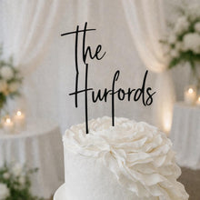 Load image into Gallery viewer, Personalised Cake Topper, Custom Surname Topper, Rustic Wood Last Name topper, Wooden Cake Decoration, Bride and Groom Cake Topper