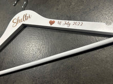 Load image into Gallery viewer, Personalised Wedding Hanger, Bride Hanger, Engraved Wooden Hanger, Bridesmaid Gift, Custom Wedding Dress Hanger, Name Role Date with hearts