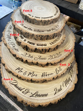 Load image into Gallery viewer, Personalized Wood Slice Cake Stand, Engraved Rustic Wedding Display stand, Personalised Engraved log Slice, Engagement Dessert Display Board
