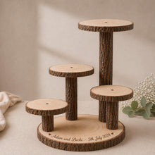 Load image into Gallery viewer, Personalized Log Slice Cake Stand, Stepped 3,4,or 5 Tier Engraved Rustic Wedding stand, Personalised wooden cupcake Dessert Display