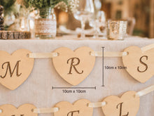 Load image into Gallery viewer, Wooden Wedding Sign Bunting Rustic Heart Garland, Top table, Cards, Dessert cart OR Any personalisation