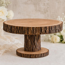 Load image into Gallery viewer, Personalized Wood Slice Cake Stand, Engraved Rustic Wedding Display stand, Personalised Engraved log Slice, Engagement Pedestal cake stand